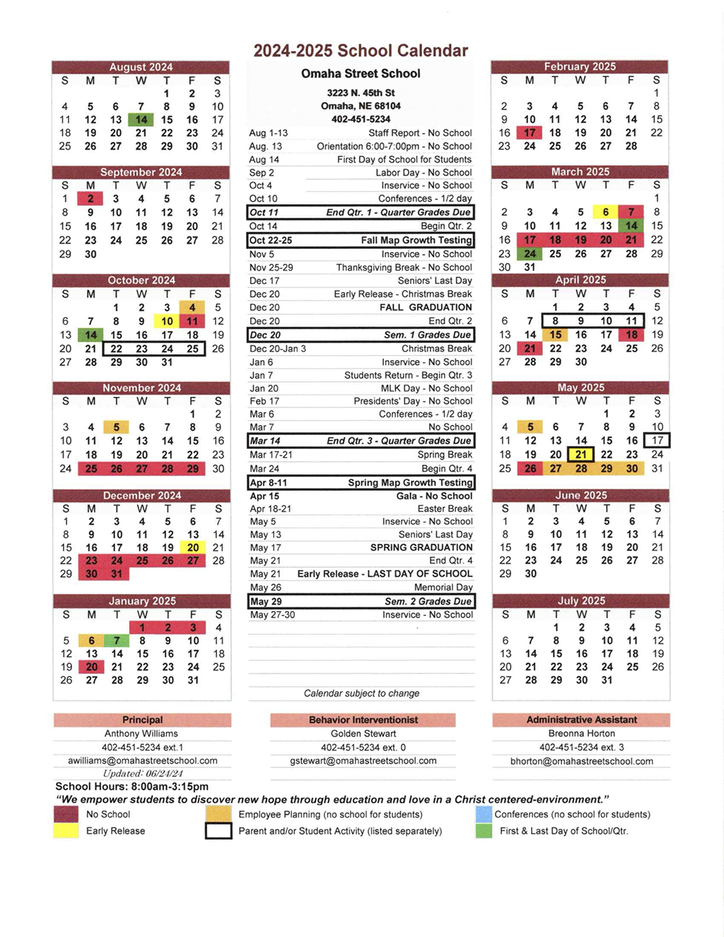 2024-2025 Omaha Street School Calendar